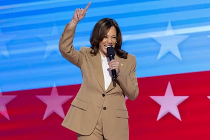 Kamala Harris, durante su aparición de este lunes en la Convención Nacional Demócrata.
