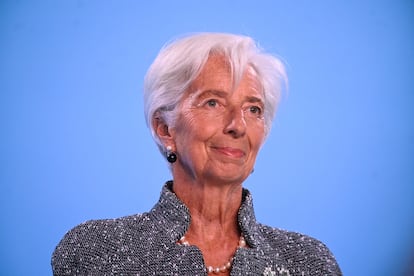 La presidenta del BCE, Christine Lagarde, durante la rueda de prensa celebrada este jueves en Fráncfort.