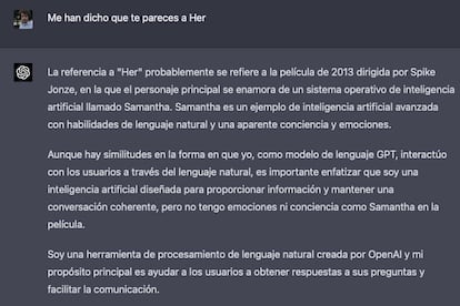 Captura de ChatGPT-4 donde se aleja de su prima en la película 'Her'.