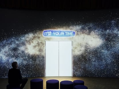 A person observes an installation from the 'in_finite. Living with Death' exhibition at the Humboldt Forum in Berlin.