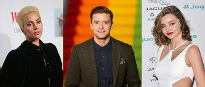 De izquierda a derecha: Lady Gaga, Justin Timberlake y Miranda Kerr.