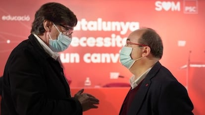 El ministro de Sanidad, Salvador Illa, y el primer secretario del PSC, Miquel Iceta, en un acto de partido.