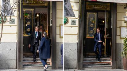 El líder del PP, Alberto Núñez Feijóo, y el expresidente del partido, Pablo Casado, salen por separado de la Taberna del Alabardero, en Madrid, este miércoles.