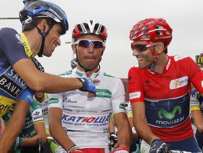 Alberto Contador, Purito Rodr&iacute;guez and Alejandro Valverde (left to right) on the Vuelta&#039;s Stage 4. 