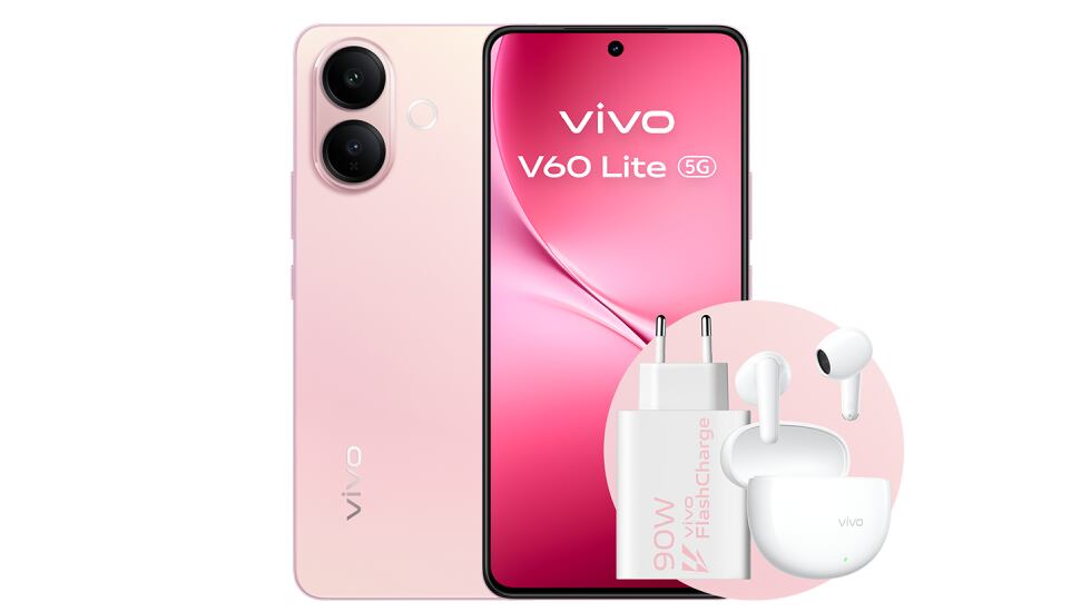 El movil vivo V60 Lite 5G se vende en dos colores: grisáceo y rosado.