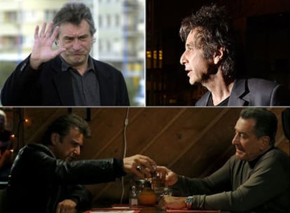 Robert de Niro (arriba a la izquierda) y Al Pacino; abajo, un fotograma de <i>Righteous kill,</i> el primer filme en el que la pareja comparte plano.
