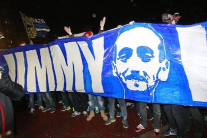 La hinchada del Deportivo reclama justicia para Jimmy, en una protesta en 2019.