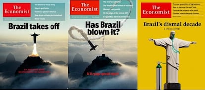 Reprodução das capas da 'The Economist' sobre o Brasil nos últimos anos.