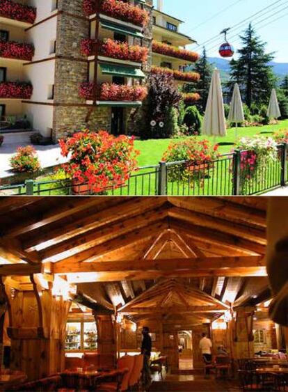 El jardín del hotel con el telecabina de fondo, que conecta con las pistas de esquí de Vallnord. A la derecha, el restaurante, de inspiración rústica, especializado en alta cocina y con horno propio.