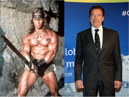 Arnold Schwarzenegger en ‘Conan, el destructor’ (1984) y en una cena benéfica en Austria en enero de 2020.