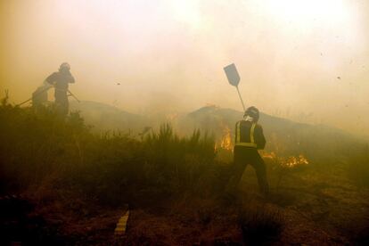 Después de una jornada de elevadas temperaturas en toda la comunidad, la provincia de Ourense registra en la mañana de este miércoles cinco incendios activos y fuera de control: en los ayuntamientos de Lobeira, Lobios, Boborás, Muíños y Oímbra, según la información de la Consellería de Medio Rural. En la imagen, bomberos de la zona durante las labores de extinción en el pueblo de Requías, Ourense, el 6 de septiembre.