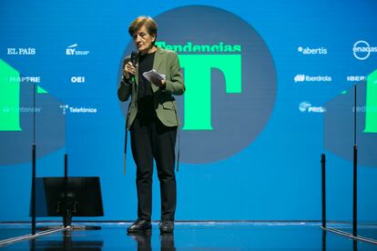 La filósofa y catedrática emérita de Ética en la Universidad de Valencia, Adela Cortina, durante su ponencia en el evento Tendencias, en Madrid, este martes.  