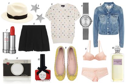 1. Bershka Sombrero de paja con lazo. 2. Asos Pendientes en forma de estrellas. 3. Fred Perry Jersey de manga corta con print de lunares. 4. Skagen Reloj de acero. 5. Acne Studios Chaqueta vaquera. 6. Miu Miu Shorts con pinzas. 7. Lancôme Barra de labios “Rouge in Love”. 8. Pretty Ballerinas Bailarinas de piel trenzada. 9. Etam Conjunto de lencería de encaje. 10. Givenchy Eau de toilette “Givenchy III”. 11. Charlotte Olympia Clutch en forma de cámara de fotos retro. 12. Ciaté Laca de uñas “Mistress”.