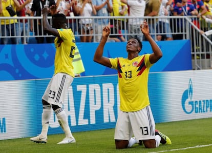 Yerry Mina comemora gol da Colômbia