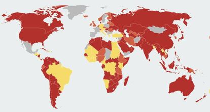 Mapa con nivel de restricciones a los viajes de ciudadanos provenientes de España.