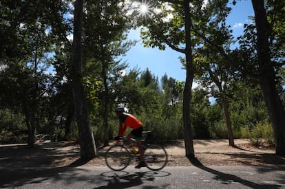 Un joven monta en bicicleta en la Casa de Campo, en Madrid.