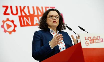 Andrea Nahles, líder del SPD, en la sede del partido en Berlín. 