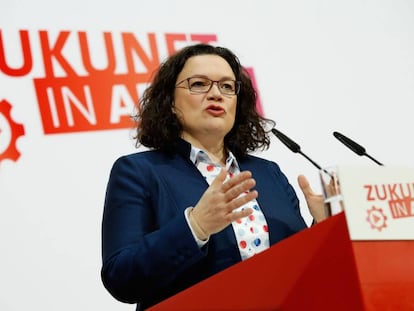 Andrea Nahles, líder del SPD, en la sede del partido en Berlín. 