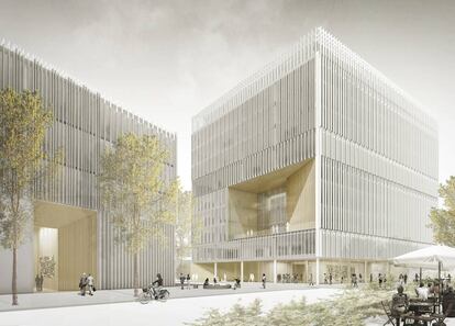 Dos de los tres edificios que conforman el nuevo centro de negocios de Liubliana, la capital de Eslovenia, diseñados por BAX Studio. |