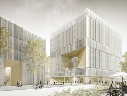 Dos de los tres edificios que conforman el nuevo centro de negocios de Liubliana, la capital de Eslovenia, diseñados por BAX Studio. |