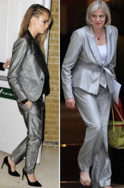 Cara Delevigne, con un traje pantalón que bien podría haber inspirado el gusto de Theresa May.