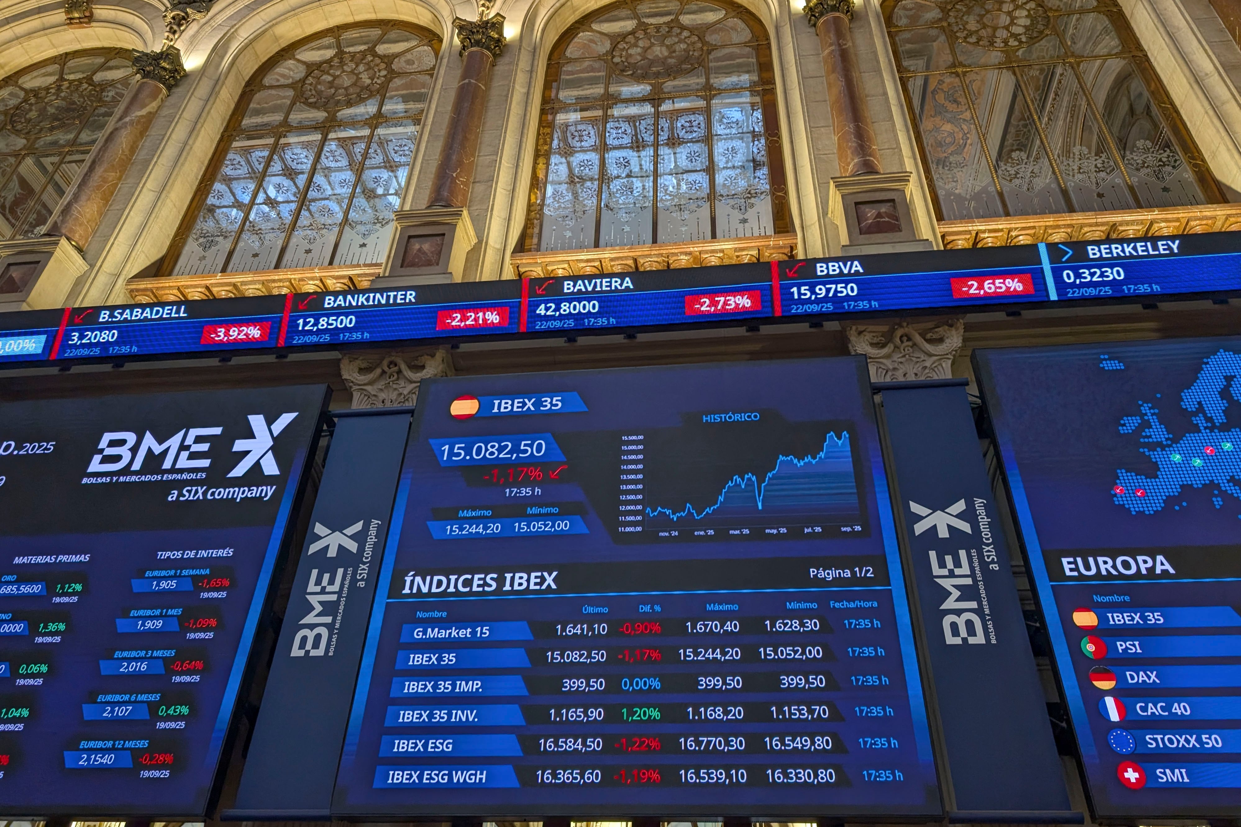 Panel de la Bolsa española, el pasado lunes