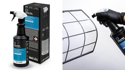 limpieza del aire acondicionado con un recipiente profesional en espray.