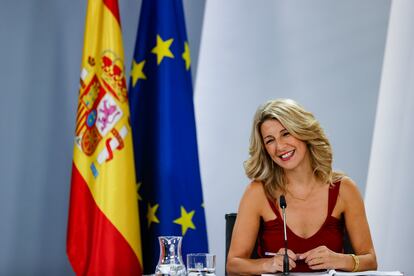 La vicepresidenta segunda y ministra de Trabajo y Economía Social, Yolanda Díaz durante la rueda de prensa ofrecida tras la reunión del Consejo de Gobierno.