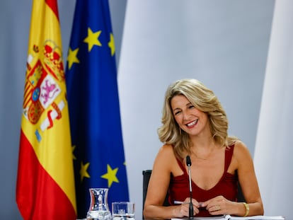 La vicepresidenta segunda y ministra de Trabajo y Economía Social, Yolanda Díaz durante la rueda de prensa ofrecida tras la reunión del Consejo de Gobierno.