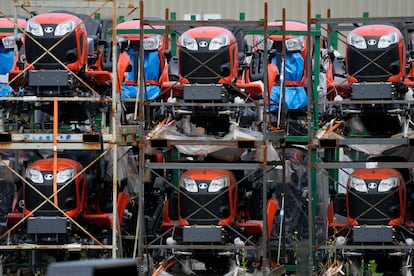 Kubota tractors are stored in Uniontown, Pa., Friday, June 9, 2023.