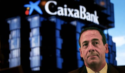 El consejero delegado de CaixaBank, Gonzalo Gortázar, en la rueda de prensa de esta mañana