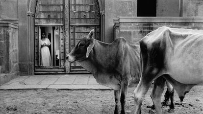 Mujer en la puerta de su haveli (residencia tradicional) del siglo XVIII en Deshnok (Rajastán, India), en agosto de 2000.