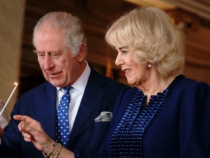 King Charles III and Queen Consort Camila at an event at Buckingham Palace.