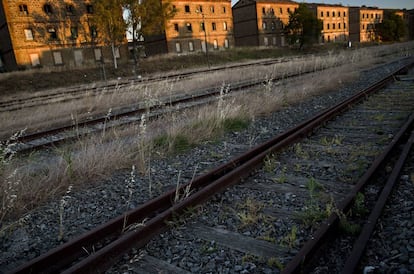 Abandoned tracks at the station in Monfragüe, with housing in the background.