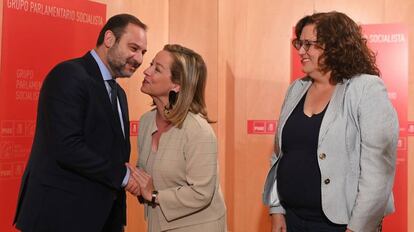 El secretario de Organización del PSOE y ministro de Fomento en funciones, José Luis Ábalos, y la diputada de Coalición Canaria, Ana Oramas (c), este miércoles en Madrid.