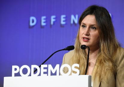 La portavoz de Podemos, Alejandra Jacinto, este lunes en la sede del partido.