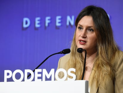 La portavoz de Podemos, Alejandra Jacinto, este lunes en la sede del partido.
