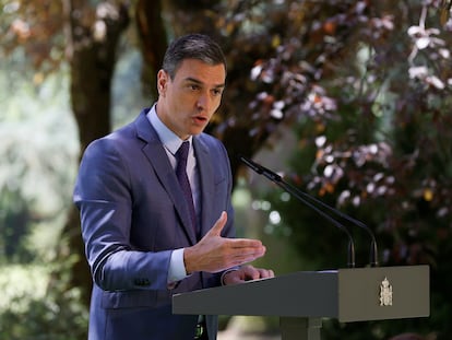 El presidente del Gobierno, Pedro Sánchez, durante una rueda de prensa en La Moncloa.