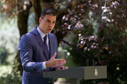 El presidente del Gobierno, Pedro Sánchez, durante una rueda de prensa en La Moncloa.