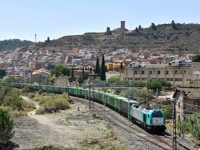 Un tren de mercancías a su paso por Ascó.