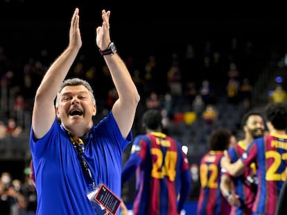 Xavi Pascual celebra el triunfo del Barça en la final de la Liga de Campeones contra el Aalborg.