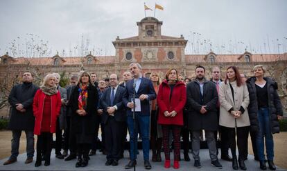 Collboni en la presentación del manifiesto junto con otros alcaldes y el primer secretario del PSC, Miquel Iceta.