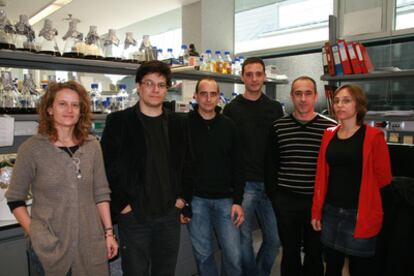 Los investigadores Eulalia de Nadal, Ricard Solé, Francesc Posas, Sergi Regot, Javier Macia y Nuria Conde (de izquierda a derecha) en la Universidad Pompeu Fabra.