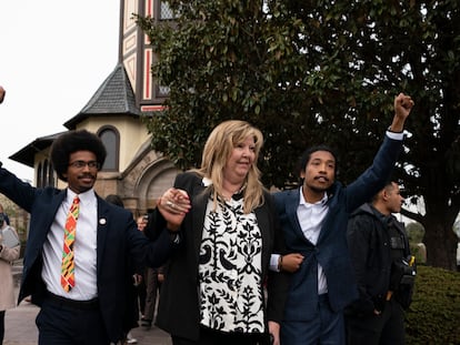 From left, expelled Rep. Justin Pearson, D-Memphis, Rep. Gloria Johnson, D-Knoxville, and expelled Rep. Justin Jones, D-Nashville, on April 7, 2023, in Nashville, Tennessee.