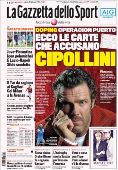 Cipollini, protagonista en la portada de la 'Gazzetta dello Sport'.