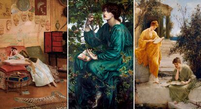 Pinturas de mujeres leyendo por Georges Croegaert, Dante Gabriel Rossetti y Henry Thomas Schaefer.