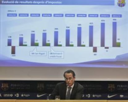 El vicepresidente económico del FC Barcelona, Javier Faus, durante la presentación de las cuentas de la temporada 2011-12.