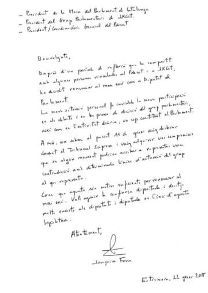 Carta de Forn dirigida al presidente del Parlament, al presidente del grupo parlamentario de Junts per Cataluña y a la coordinadora del PdeCAT
