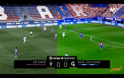 A la izquierda el Eibar-Real Sociedad sin público, tal como fue. A la derecha, gradas rellenadas de manera virtual.