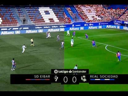 A la izquierda el Eibar-Real Sociedad sin público, tal como fue. A la derecha, gradas rellenadas de manera virtual.